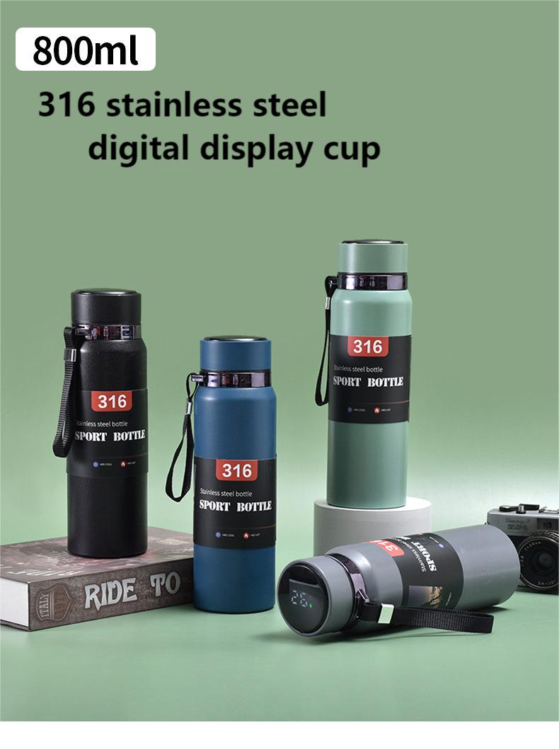 Portable VVacuum Stainless Steel Temperature Display Sports Smart Water Bottle 800ML) Black Color